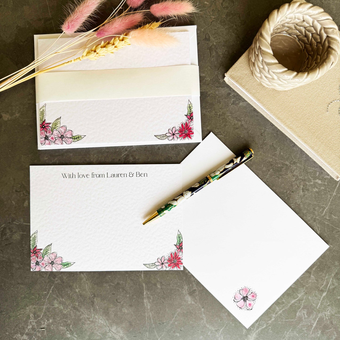 Personalised Pink Floral Note Cards