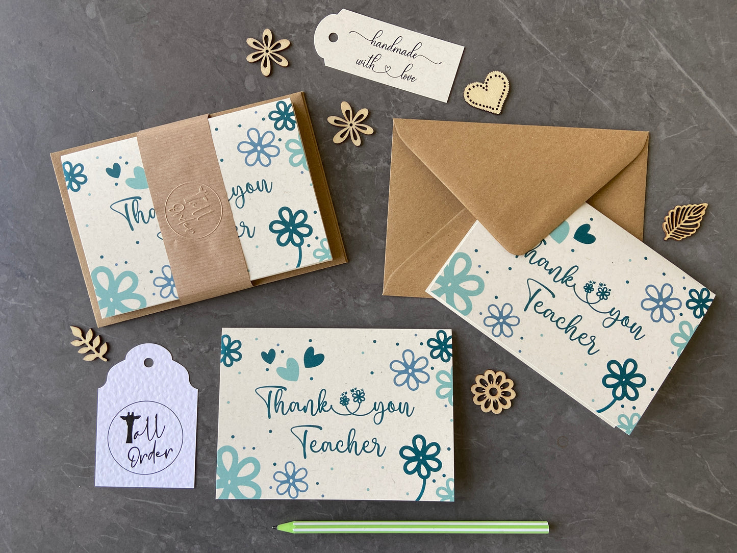 Set of 4 Thank You Teacher Cards - Daisy Pattern