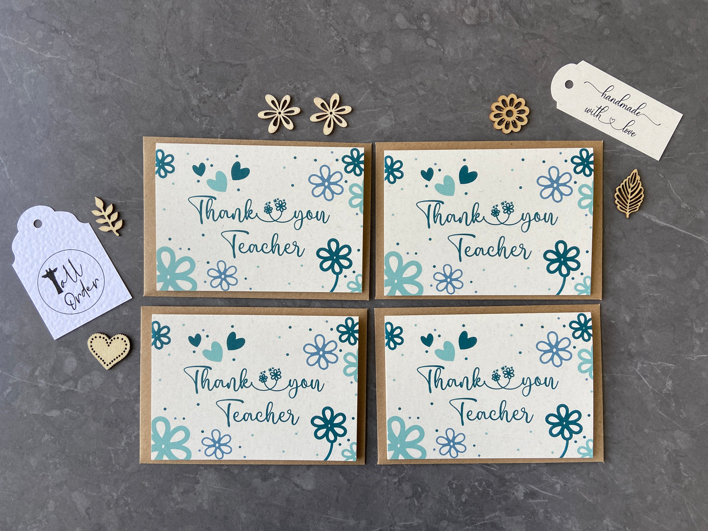 Set of 4 Thank You Teacher Cards - Daisy Pattern