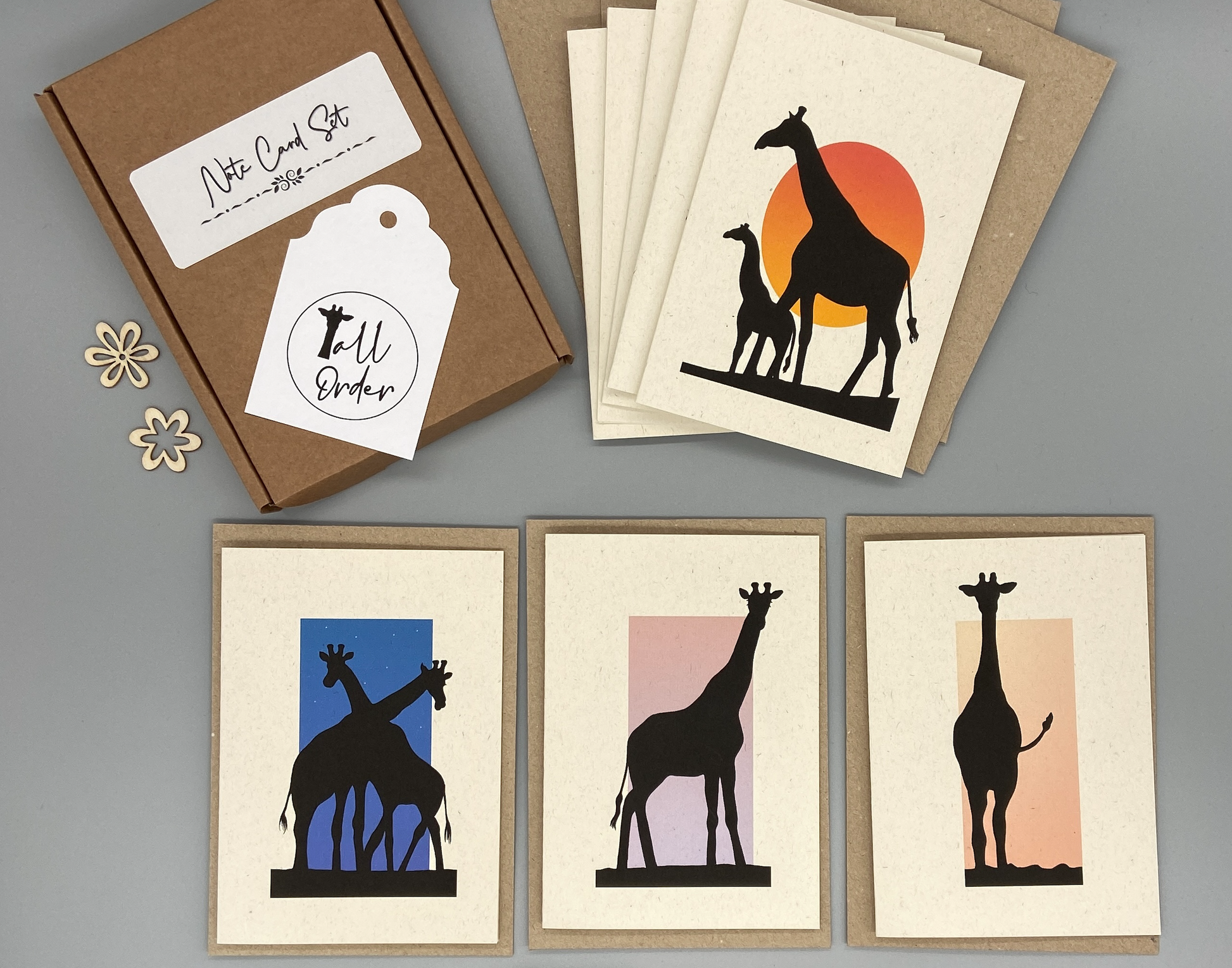 GIRAFFE NOTE CARDS depicting giraffes in the African sunset.  Four different designs on A6 folded cards with kraft envelopes