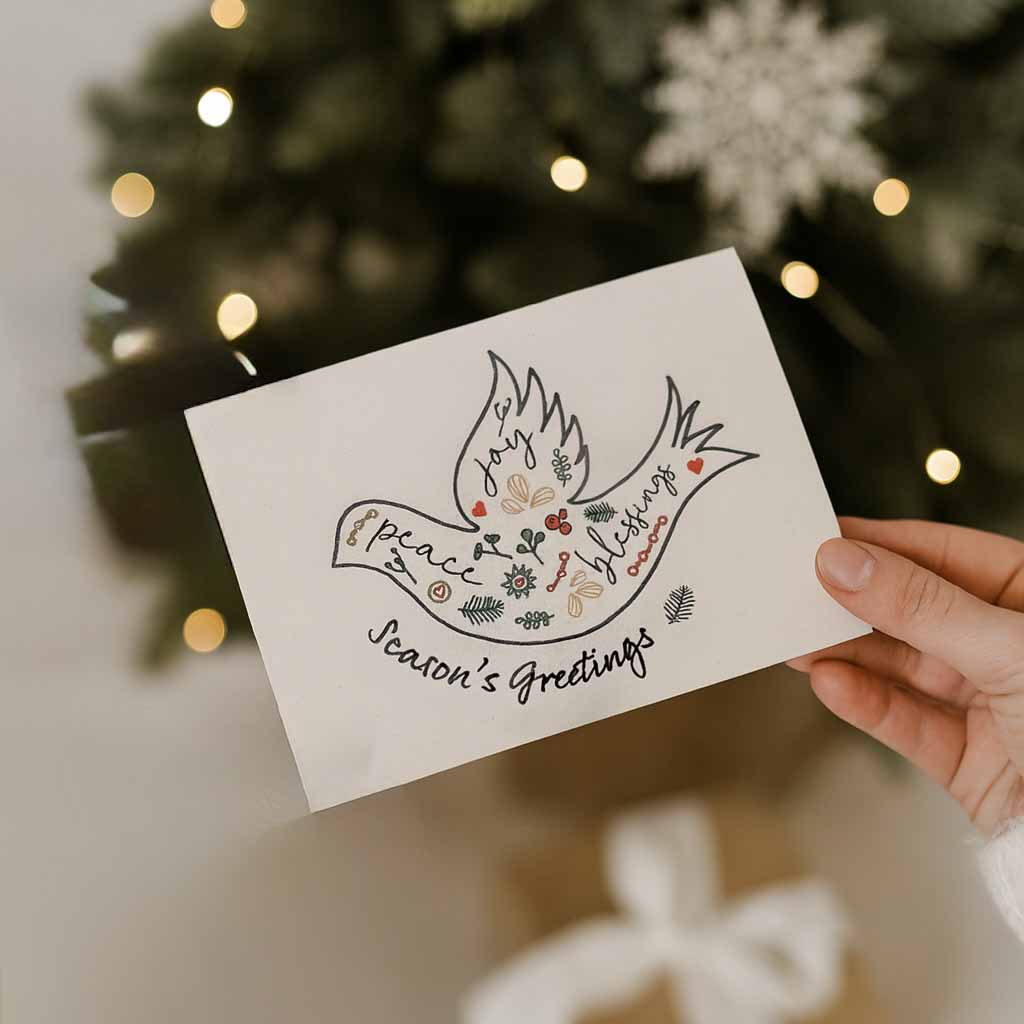 Hand holding a Christmas card with a peace dove design and 'Season's Greetings' text, against a festive background.