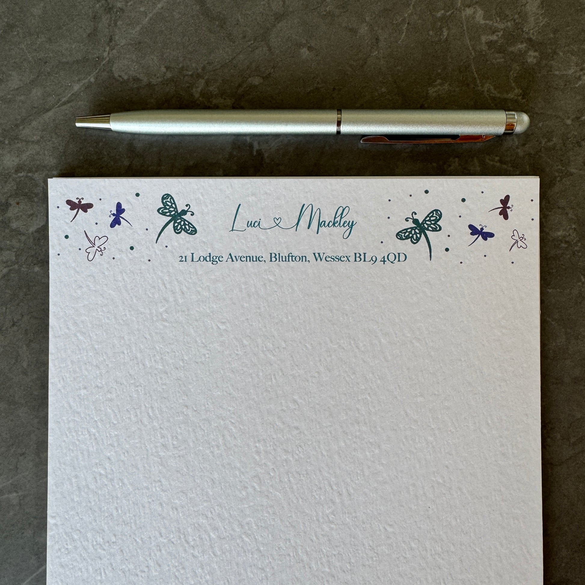 Dragonfly writing paper with personalisation  name and address