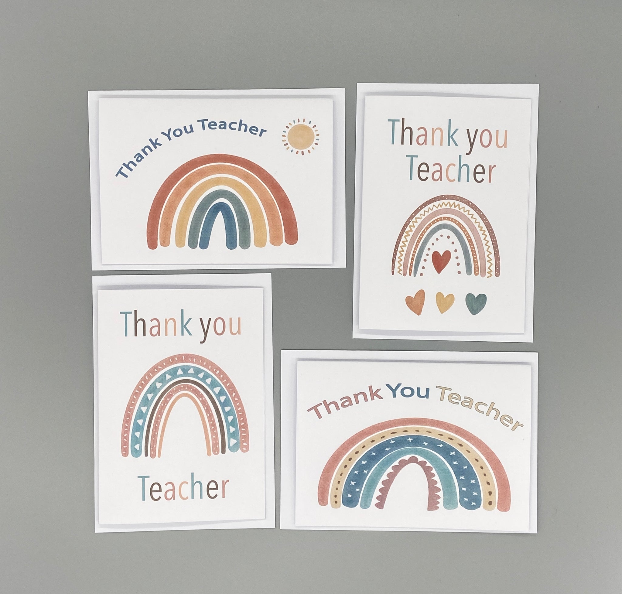 Set of 4 Thank You Teacher Cards - Rainbow Illustration